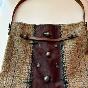 Antique Woven & Leather Handbag with Silver Beads